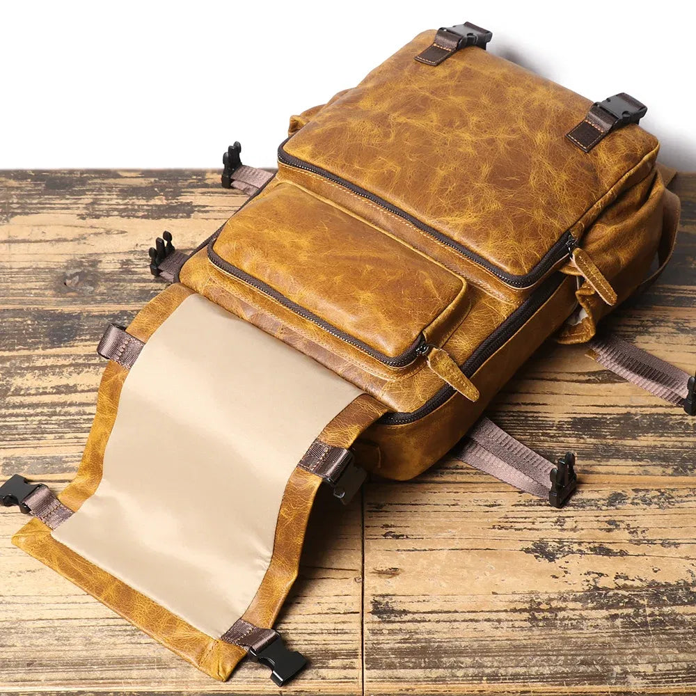 Color: Brown - LUOKIR New Men's Genuine Leather Travel Backpack Women's Cowhide School Bag Large Capacity Backpack Original Double Shoulder Bag