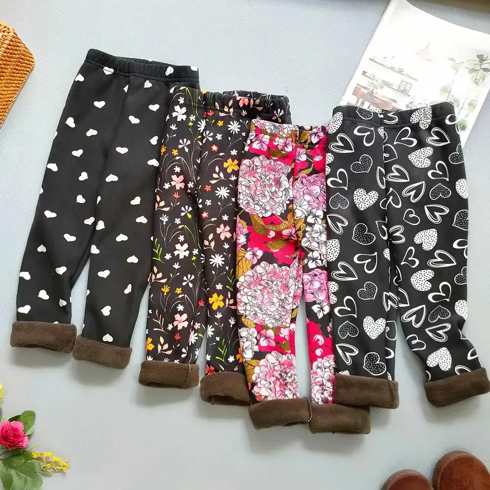 Color: Rose Red, Kid Size: 4T - Autumn Winter Print Flowers Thick Warm Kids Toddler Baby Girls Leggings Children's Pants