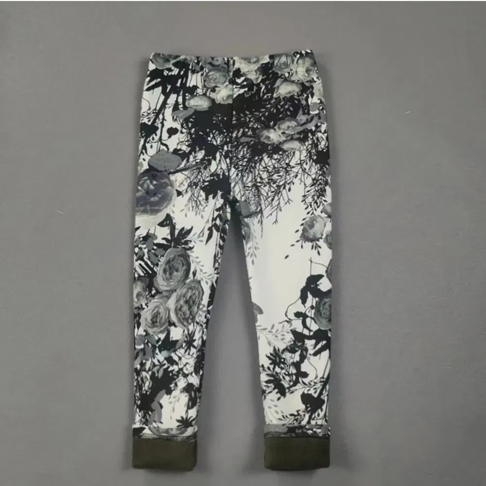 Color: Brown, Kid Size: 5 - 2-11Y Girls' Pants Autumn and Winter Slim Fit Warm Bottom Pants Thickened Velvet Printed Children's Pants Baby Casual Pants