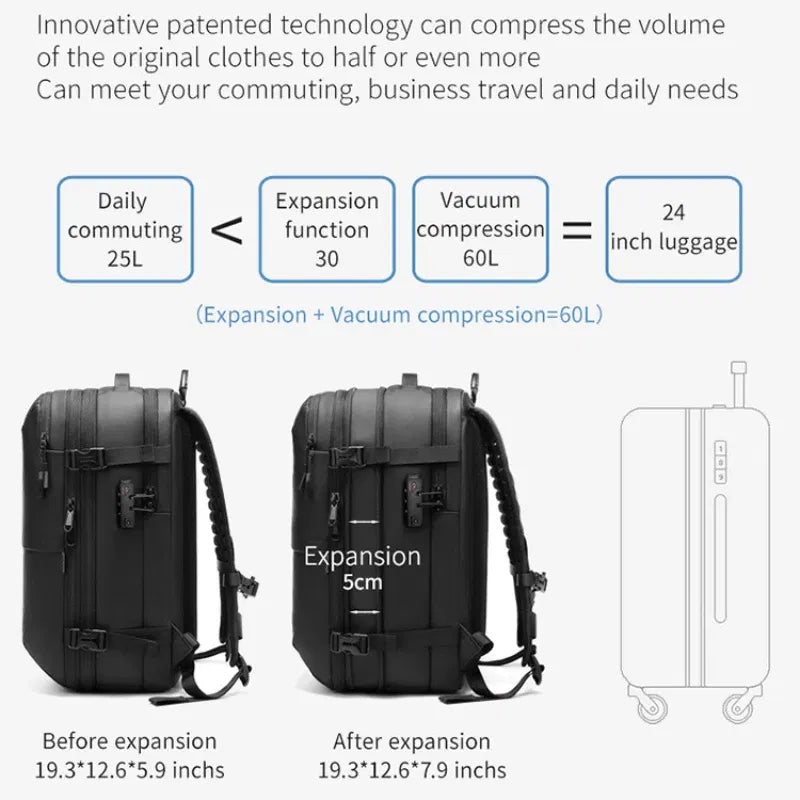 Color: Blue - Airback Vacuum Compression Backpack with Vacuum Pump 60L Expandable Travel Backpack for Men Women Airline Approved Business Bag