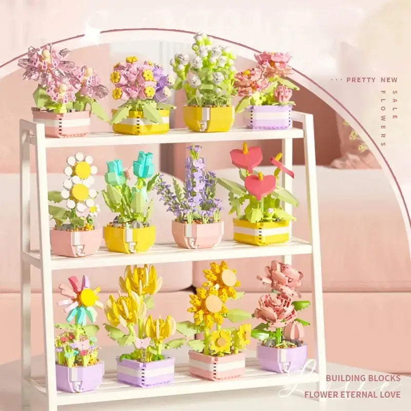Color: Black - Flowers Plants Bonsai Building Blocks Succulent Potted Assembly Bricks Model Desktop Decoration Girl Toys Kids Holiday Gifts
