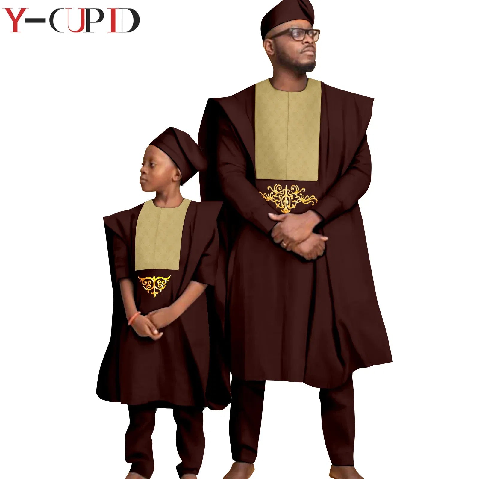 Color: MULTI, Size: Mother 6XL - African Clothes for Men Top Pants Robes Hat Sets Match Kid Boy Sets Dashiki Father and Son Bazin Riche Family Outfits Y20F001