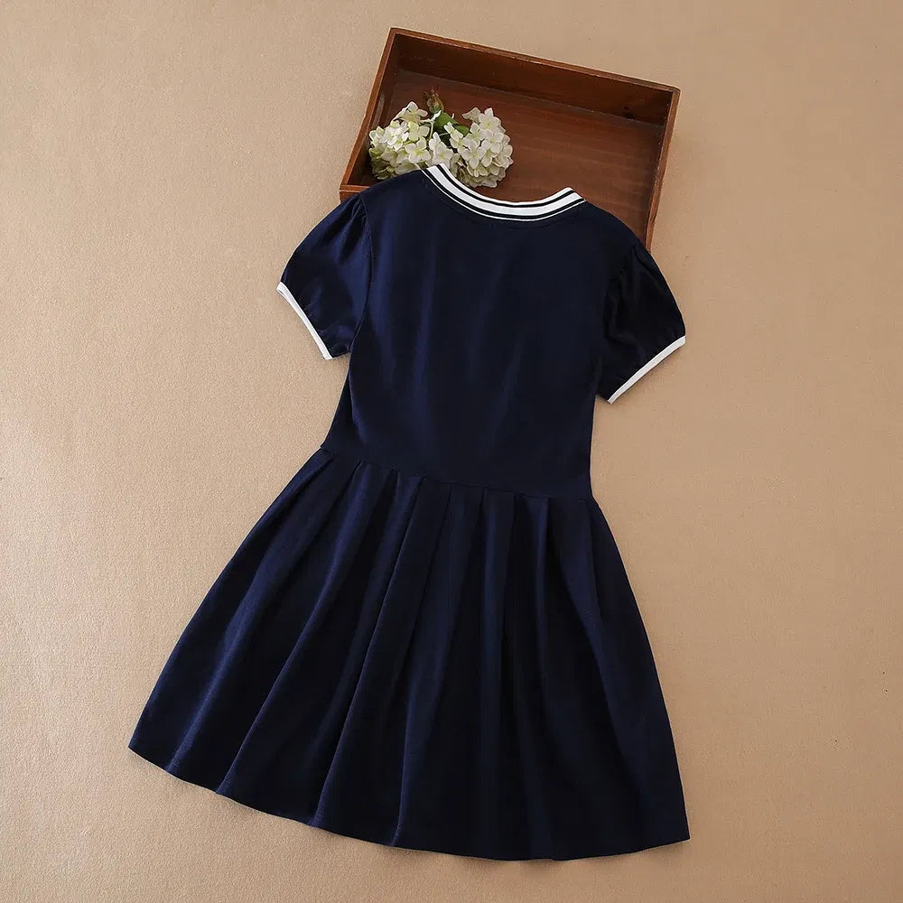 Color: WHITE, Kid US Size: 11T - Girls' White Summer Dress V-Neck Polo Pleated Dress for School 5-12 Years Girls Clothing
