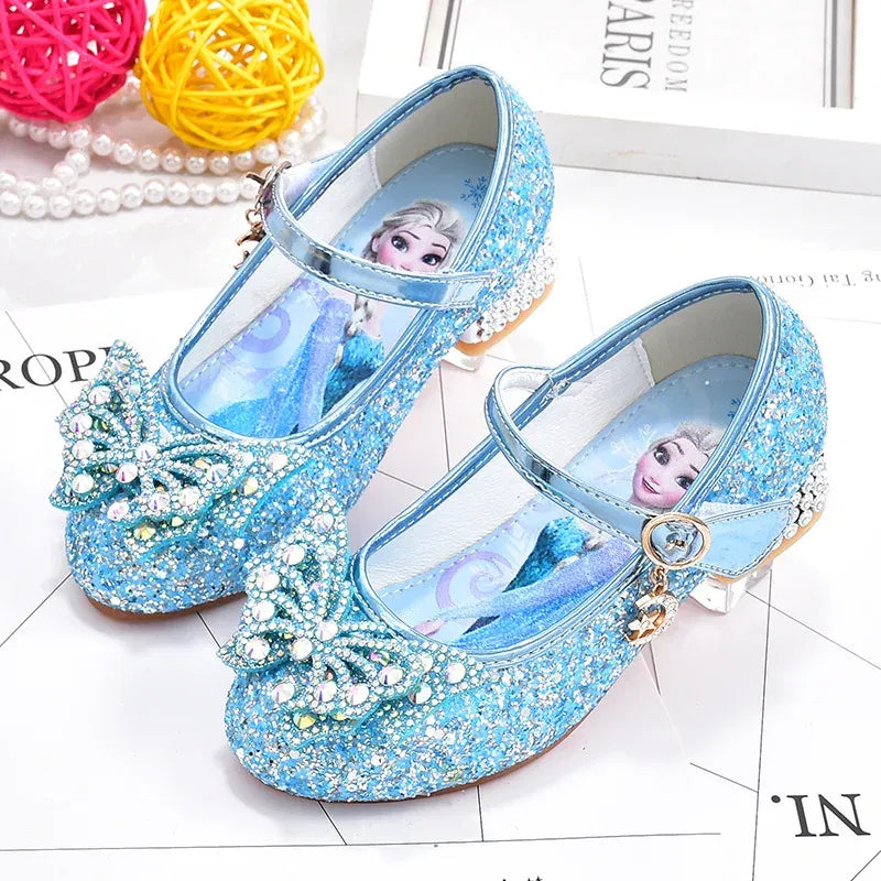 Color: Pink, Shoe Size: 30 - Disney Princess Elsa Leather Shoes Girls' High Heels Shoes Fashion Girls' Crystal Shiny Children's Blue Pink Shoes Size 26-35