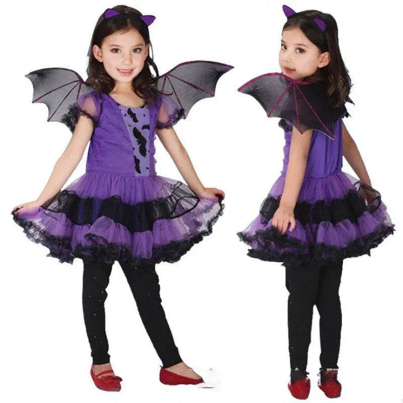Kid Size: 14, Color: Khaki - Halloween Children Purple Vampire Costume Girls Dress Kids Clothes Baby Bat Spider Party Cosplay Headband +Wing Outfit