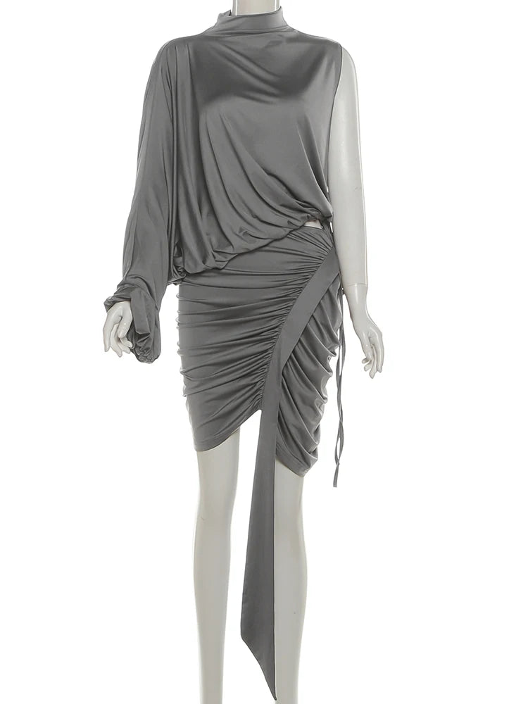 Weird Puss Sexy 2-Piece Set Women Irregular One shoulder Top+Shirring