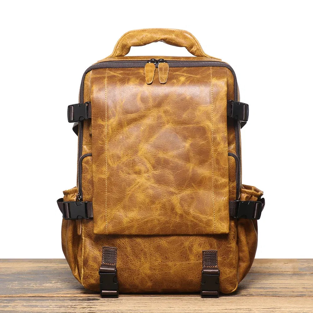 Color: Brown - LUOKIR New Men's Genuine Leather Travel Backpack Women's Cowhide School Bag Large Capacity Backpack Original Double Shoulder Bag