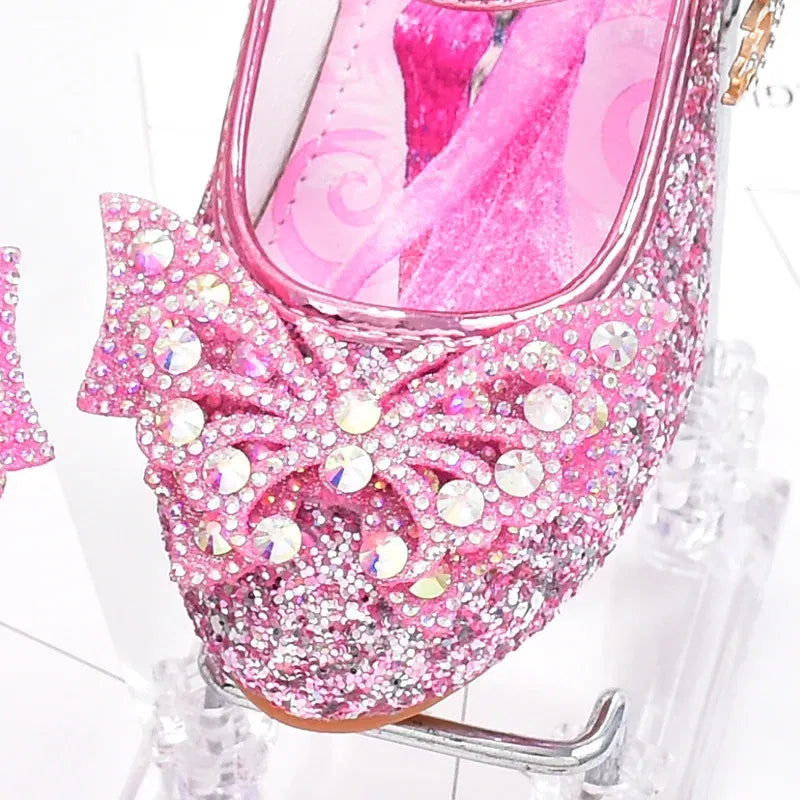 Color: Pink, Shoe Size: 30 - Disney Princess Elsa Leather Shoes Girls' High Heels Shoes Fashion Girls' Crystal Shiny Children's Blue Pink Shoes Size 26-35