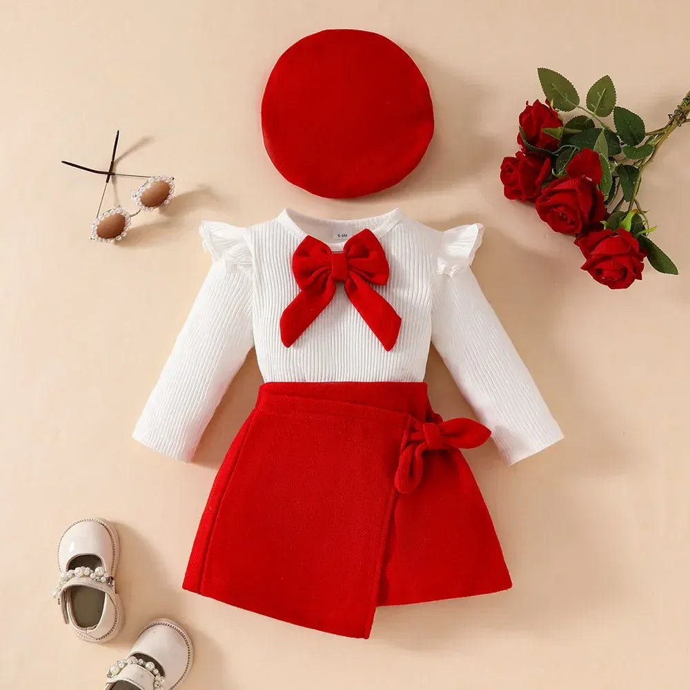 Color: LIGHT BLUE, Kid Size: 4T - Baby Girls Clothes New Year Set 0-3Y Long Sleeve Big Bow Top Irregular Skirt and Beret 3Pcs Toddler Christmas Clothes