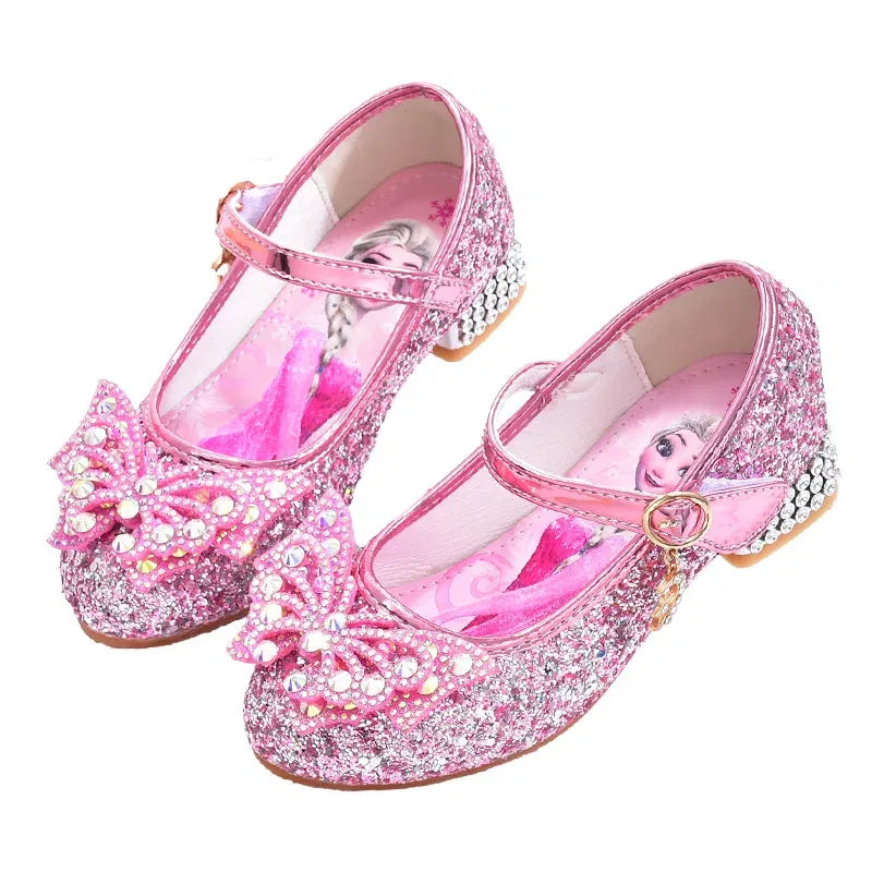 Color: Pink, Shoe Size: 30 - Disney Princess Elsa Leather Shoes Girls' High Heels Shoes Fashion Girls' Crystal Shiny Children's Blue Pink Shoes Size 26-35