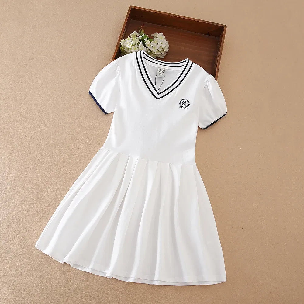 Color: WHITE, Kid US Size: 11T - Girls' White Summer Dress V-Neck Polo Pleated Dress for School 5-12 Years Girls Clothing