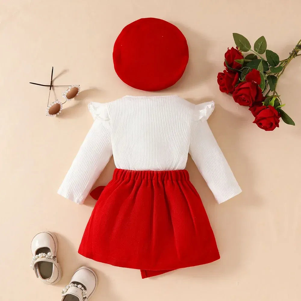 Color: LIGHT BLUE, Kid Size: 4T - Baby Girls Clothes New Year Set 0-3Y Long Sleeve Big Bow Top Irregular Skirt and Beret 3Pcs Toddler Christmas Clothes