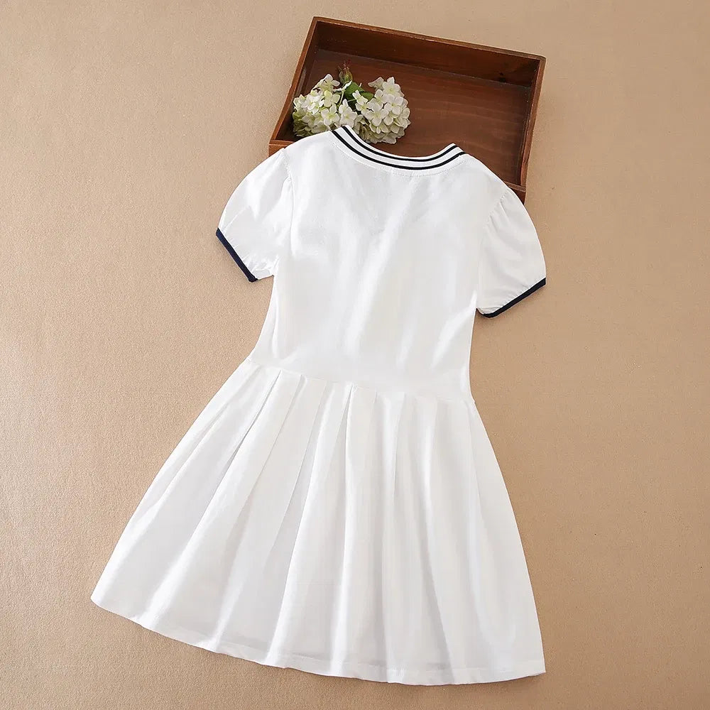 Color: WHITE, Kid US Size: 11T - Girls' White Summer Dress V-Neck Polo Pleated Dress for School 5-12 Years Girls Clothing