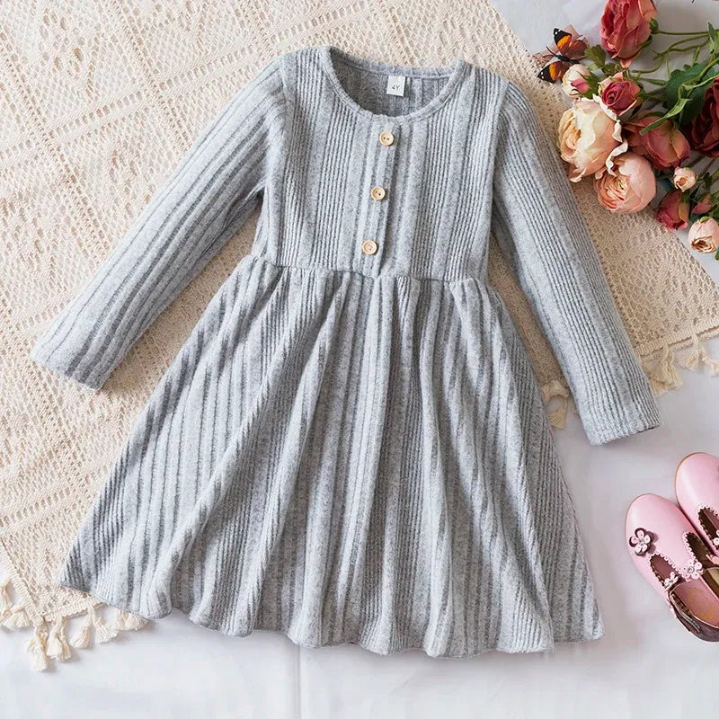 Color: GRAY, Kid Size: 8 - Autumn and Winter Girls Knitted Sweater Dress Solid Color Soft Long Sleeve Dress Children Christmas Costume Birthday Casual Wear