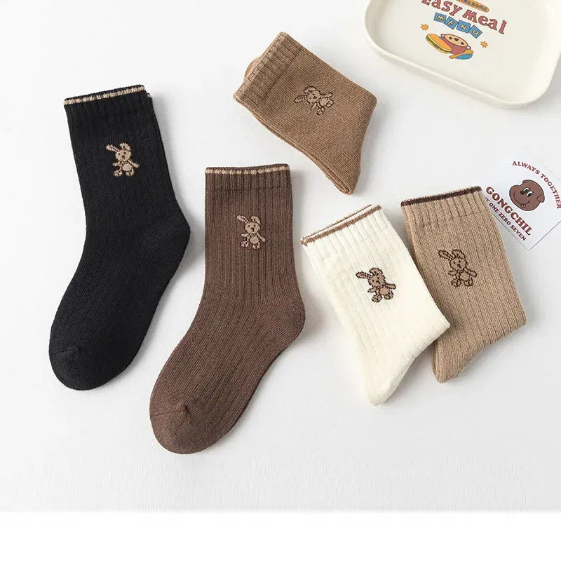 Color: SKY BLUE, Size: 2-3T - Autumn Socks Baby 5 Pairs Cartoon Bunny Pattern Socks Girls Calf Length Children Socks Solid Cotton Socks