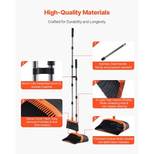 Broom and Dustpan Set, Heavy Duty Dustpan and Broom Combo with Self-Cleaning Teeth, Metal Upright Standing Dust Pan with Long Handle, Ideal for Home, Restaurant, Office, Dorm, Black+Orange