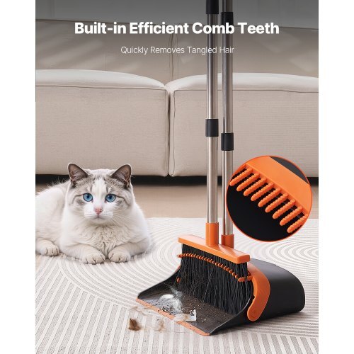 Broom and Dustpan Set, Heavy Duty Dustpan and Broom Combo with Self-Cleaning Teeth, Metal Upright Standing Dust Pan with Long Handle, Ideal for Home, Restaurant, Office, Dorm, Black+Orange