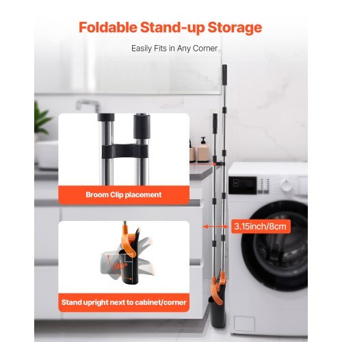 Broom and Dustpan Set, Heavy Duty Dustpan and Broom Combo with Self-Cleaning Teeth, Metal Upright Standing Dust Pan with Long Handle, Ideal for Home, Restaurant, Office, Dorm, Black+Orange