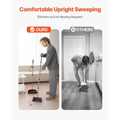 Broom and Dustpan Set, Heavy Duty Dustpan and Broom Combo with Self-Cleaning Teeth, Metal Upright Standing Dust Pan with Long Handle, Ideal for Home, Restaurant, Office, Dorm, Black+Orange
