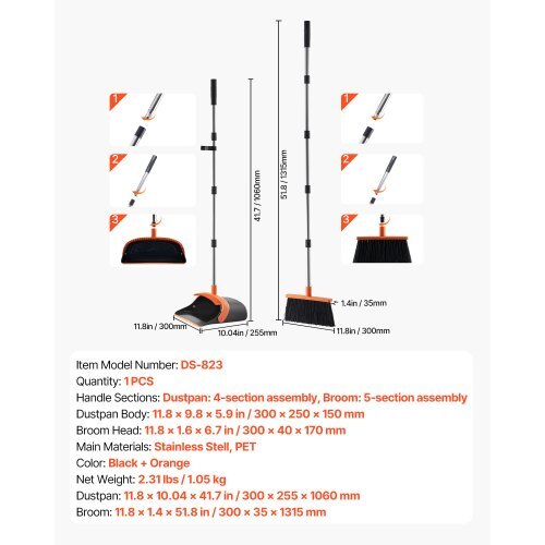 Broom and Dustpan Set, Heavy Duty Dustpan and Broom Combo with Self-Cleaning Teeth, Metal Upright Standing Dust Pan with Long Handle, Ideal for Home, Restaurant, Office, Dorm, Black+Orange