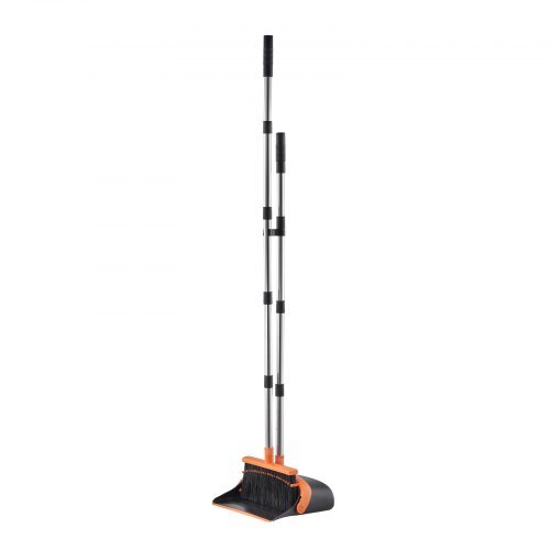 Broom and Dustpan Set, Heavy Duty Dustpan and Broom Combo with Self-Cleaning Teeth, Metal Upright Standing Dust Pan with Long Handle, Ideal for Home, Restaurant, Office, Dorm, Black+Orange