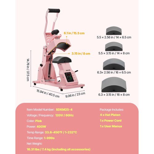 Hat Heat Press Machine, with 4pcs Interchangeable Platens, Precise Temperature and Time Control, Hat Press for HTV Iron On and Sublimation Projects, for Caps, Headbands, Cuffs, Face Masks, Pink
