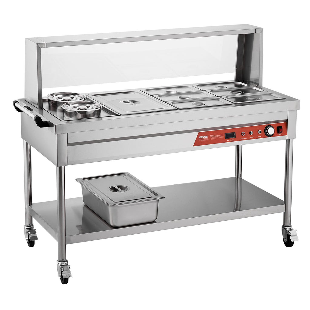 Commercial Food Warmer, 7 Pans + 2 Pots Electric Steam Table, 1800W Professional Buffet Catering Food Warmer with Shield Undershelf Wheels, Stainless Steel Server for Party Restaurant Hotel