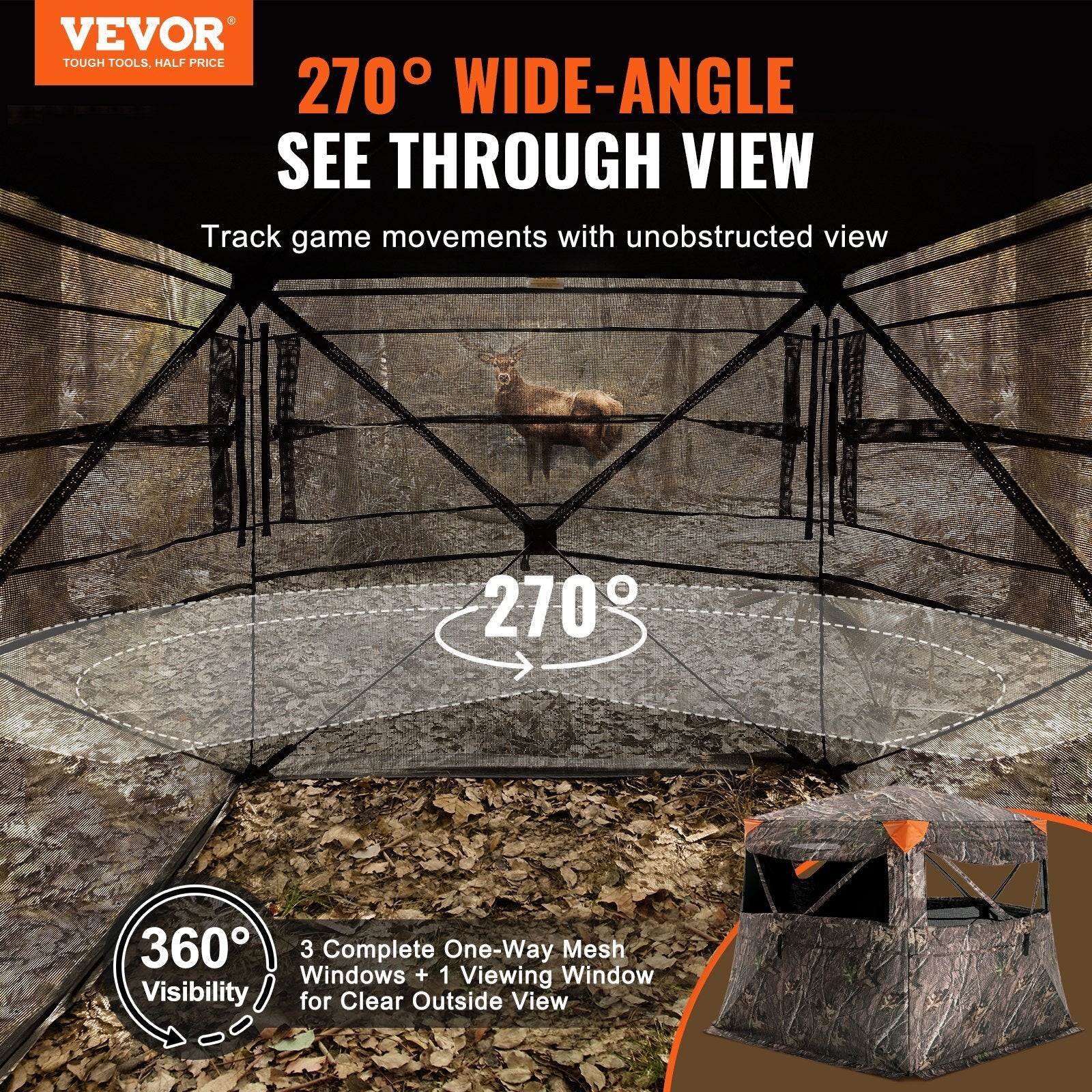 Hunting Blind, 270? See Through Ground Blind, 4-5 Person Pop Up Deer Blind for Hunting with Carrying Bag, Portable Resilient Hunting Tent, One-Way See-Through Mesh for Turkey and Deer Hunting