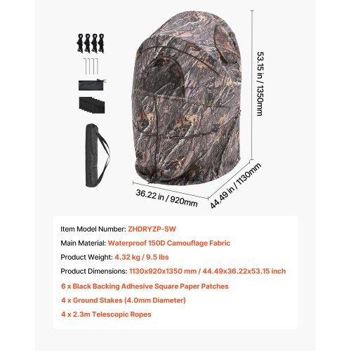 Hunting Blind, Single Person Ground Blinds with Carrying Bag, Portable Camouflage Tent, Reinforced Durable Concealed Shelter with Silent Zipper Door and Window, for Turkey and Deer
