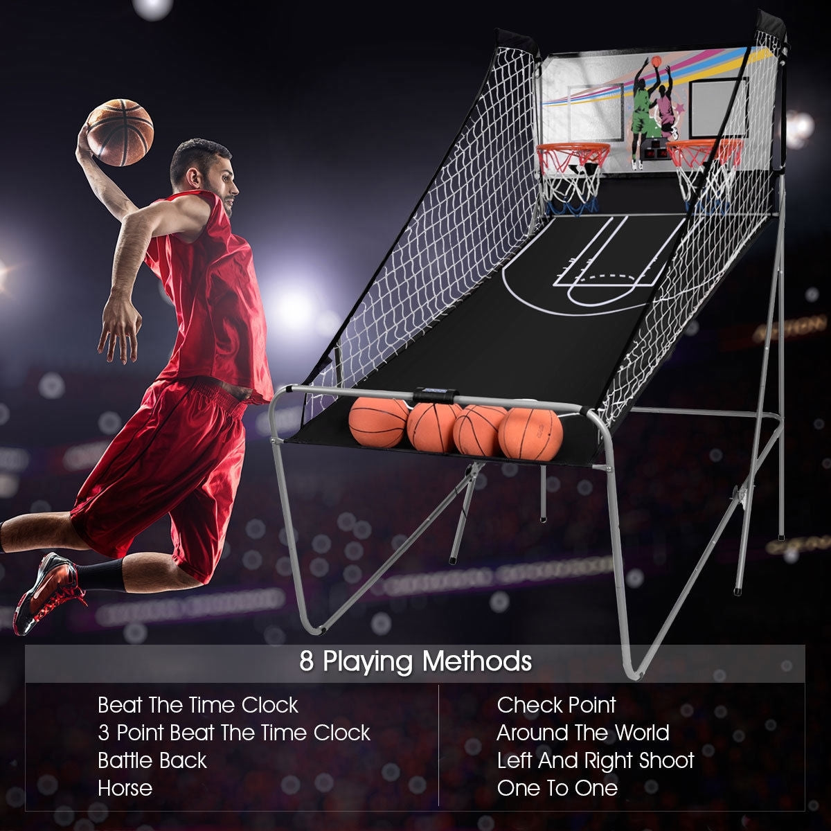 Foldable Double Electronic Basketball Game with 4 Balls Indoor-Gray - Color: Gray