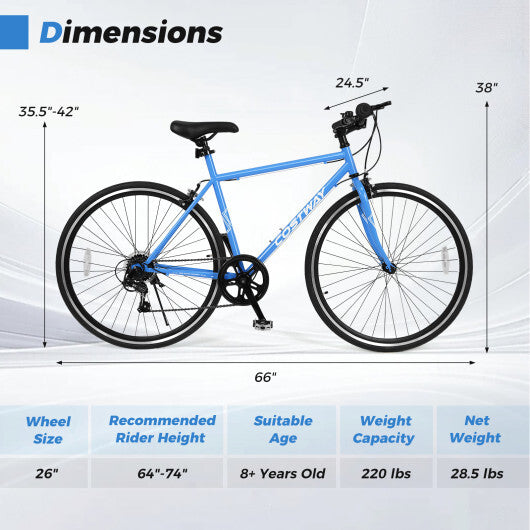 26 Inch Mountain Bike Adjustable with 6-Speed and All-terrain Rubber Wheels-Blue - Color: Blue - Size: 26 inches