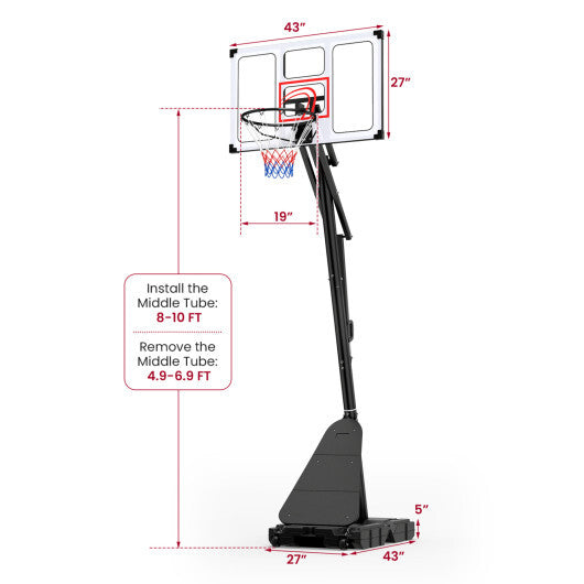 4.9-10 Feet Portable Basketball Hoop 10 Levels Adjustable with Fillable Base and Ball Storage