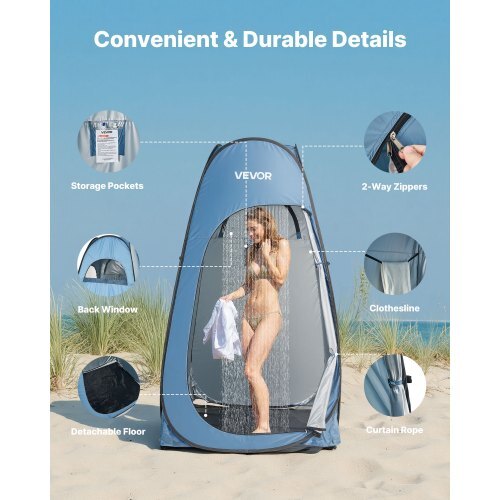 Pop up Shower Tent, Instant Portable Privacy Tent Changing Room with Shower Bag, Ground Stakes, Ropes, Carry Bag, 190T Polyester with Silver Coating, Quick Setup, for Camping, Beach, Fishing