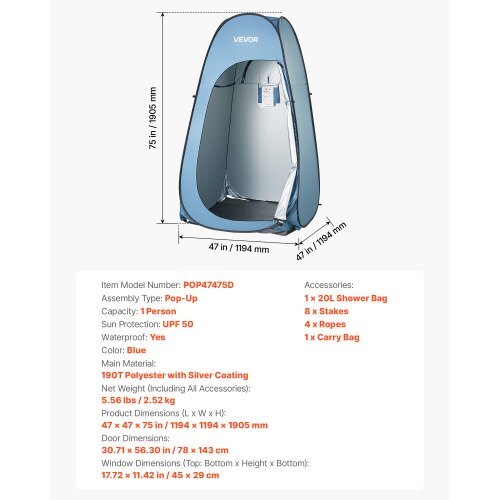 Pop up Shower Tent, Instant Portable Privacy Tent Changing Room with Shower Bag, Ground Stakes, Ropes, Carry Bag, 190T Polyester with Silver Coating, Quick Setup, for Camping, Beach, Fishing