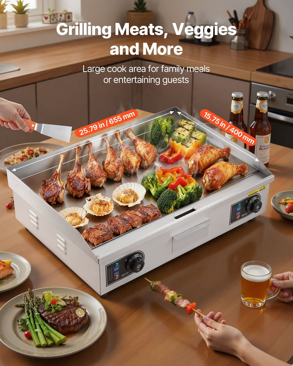 Commercial Electric Griddle, 25.79 x 15.75 inch, 2800W, 122-570?F Adjustable Temp Control, Stainless Steel Body, Full Flat, with 2 Spatulas, 2 Brushes, and 4 Foot Pads, for Steak, Pancake (NO PLUG)