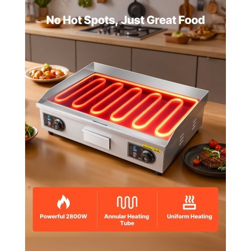Commercial Electric Griddle, 25.79 x 15.75 inch, 2800W, 122-570?F Adjustable Temp Control, Stainless Steel Body, Full Flat, with 2 Spatulas, 2 Brushes, and 4 Foot Pads, for Steak, Pancake (NO PLUG)