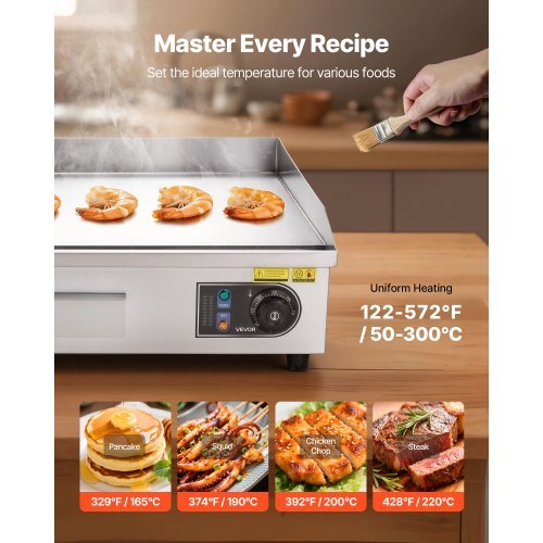 Commercial Electric Griddle, 25.79 x 15.75 inch, 2800W, 122-570?F Adjustable Temp Control, Stainless Steel Body, Full Flat, with 2 Spatulas, 2 Brushes, and 4 Foot Pads, for Steak, Pancake (NO PLUG)