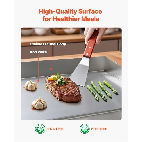 Commercial Electric Griddle, 25.79 x 15.75 inch, 2800W, 122-570?F Adjustable Temp Control, Stainless Steel Body, Full Flat, with 2 Spatulas, 2 Brushes, and 4 Foot Pads, for Steak, Pancake (NO PLUG)