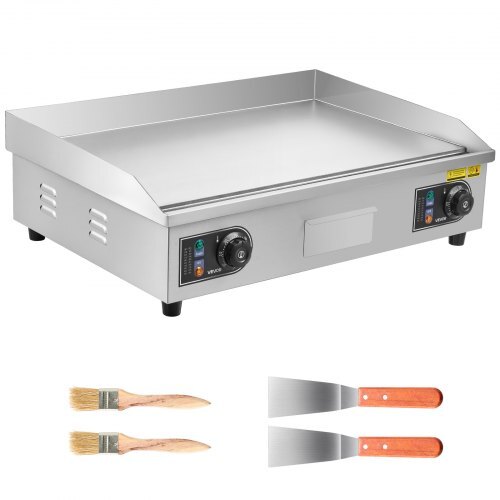 Commercial Electric Griddle, 25.79 x 15.75 inch, 2800W, 122-570?F Adjustable Temp Control, Stainless Steel Body, Full Flat, with 2 Spatulas, 2 Brushes, and 4 Foot Pads, for Steak, Pancake (NO PLUG)