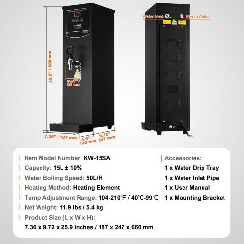 Commercial Water Boiler, Electric Hot Water Dispenser with 316 Stainless Steel Heating Tube, 1500W Step-by-step Fast Heating 50L per Hour Hot Water Boiler, for Coffee Tea Restaurant Office