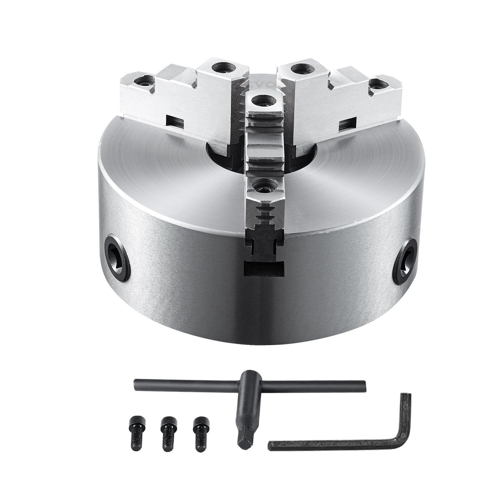 3-Jaw Lathe Chuck, 10'', Self-Centering Lathe Chuck, 0.24-9.84 in/6-250 mm Clamping Range with T-key Fixing Screws Hexagon Wrench, for Lathe 3D Printer Machining Center Milling Drilling Machine