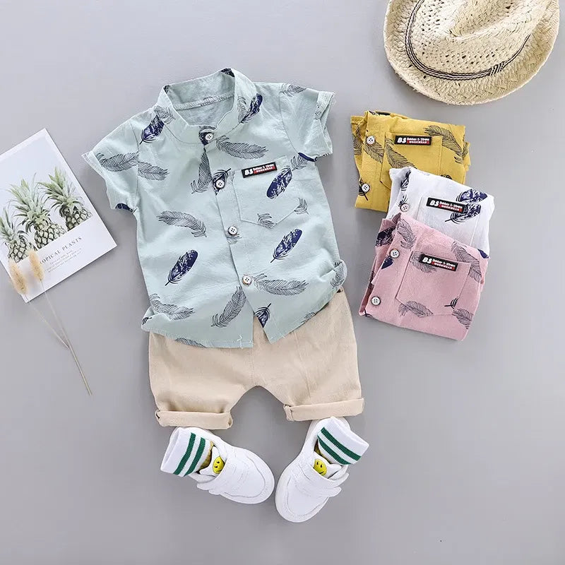 Color: Blue, Kid Size: 24M - 0-3 Year Old Baby Summer Feather Print Shirt Short Sleeve Suit
