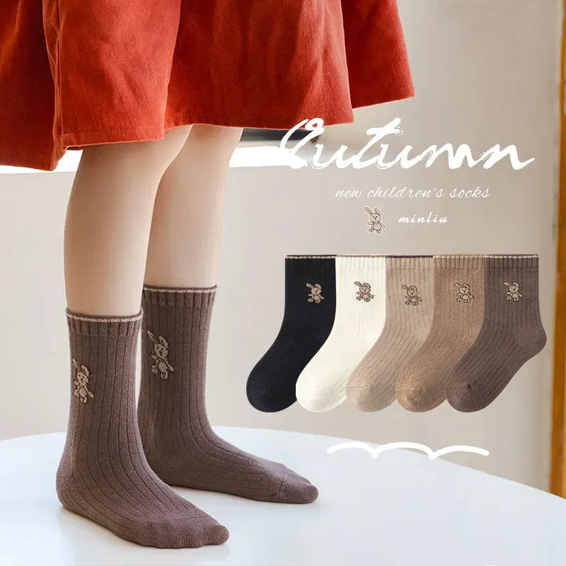 Color: SKY BLUE, Size: 2-3T - Autumn Socks Baby 5 Pairs Cartoon Bunny Pattern Socks Girls Calf Length Children Socks Solid Cotton Socks