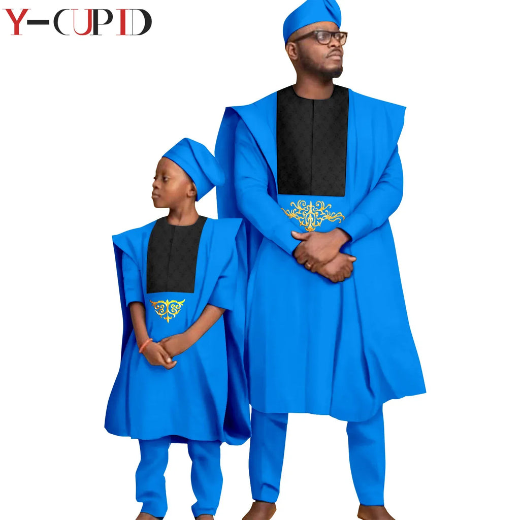 Color: MULTI, Size: Mother 6XL - African Clothes for Men Top Pants Robes Hat Sets Match Kid Boy Sets Dashiki Father and Son Bazin Riche Family Outfits Y20F001