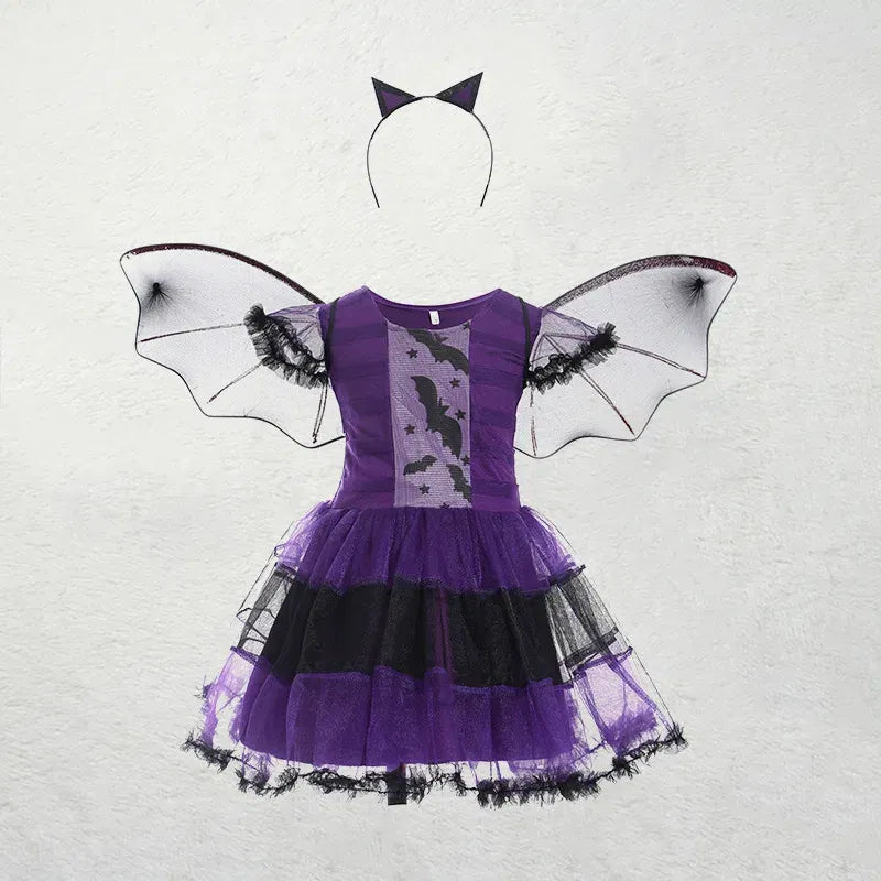 Kid Size: 14, Color: Khaki - Halloween Children Purple Vampire Costume Girls Dress Kids Clothes Baby Bat Spider Party Cosplay Headband +Wing Outfit