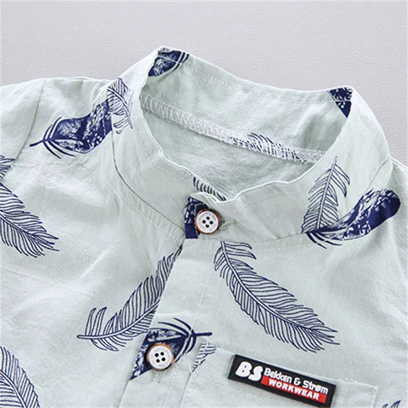 Color: Blue, Kid Size: 24M - 0-3 Year Old Baby Summer Feather Print Shirt Short Sleeve Suit