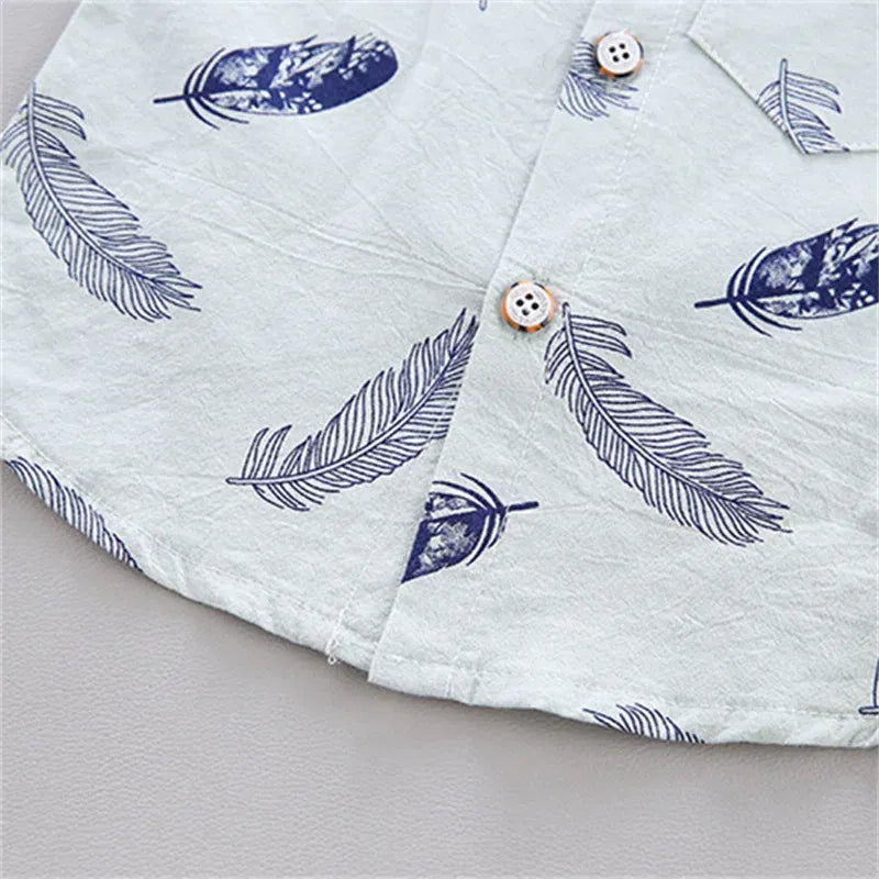 Color: Blue, Kid Size: 24M - 0-3 Year Old Baby Summer Feather Print Shirt Short Sleeve Suit