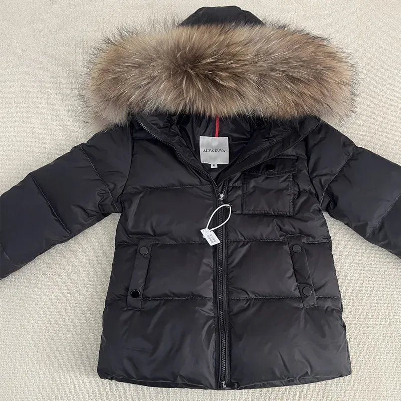 Color: Khaki, Kid Size: 4 - Kids Winter Down Jacket Shiny Real Raccoon Fur Collar Toddler Boys Hooded Coat Baby Girls Warm Snowsuit Children's Parkas