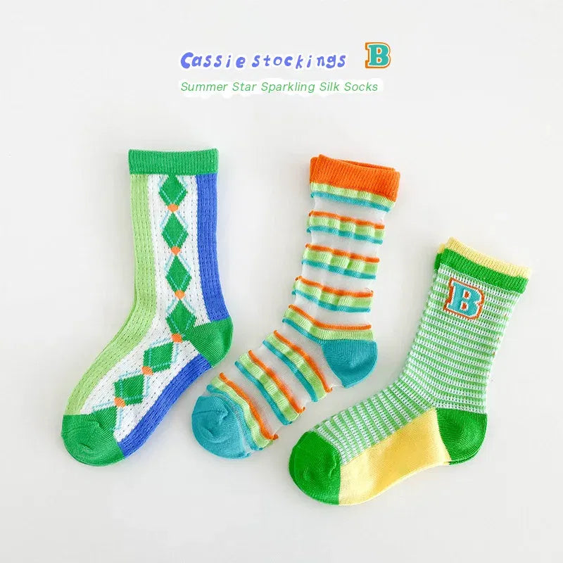 Color: Black, Size: 2-3T - Boys Summer Socks Girls Thin Socks Trendy Pattern Crew Socks Children Socks 3 Pairs