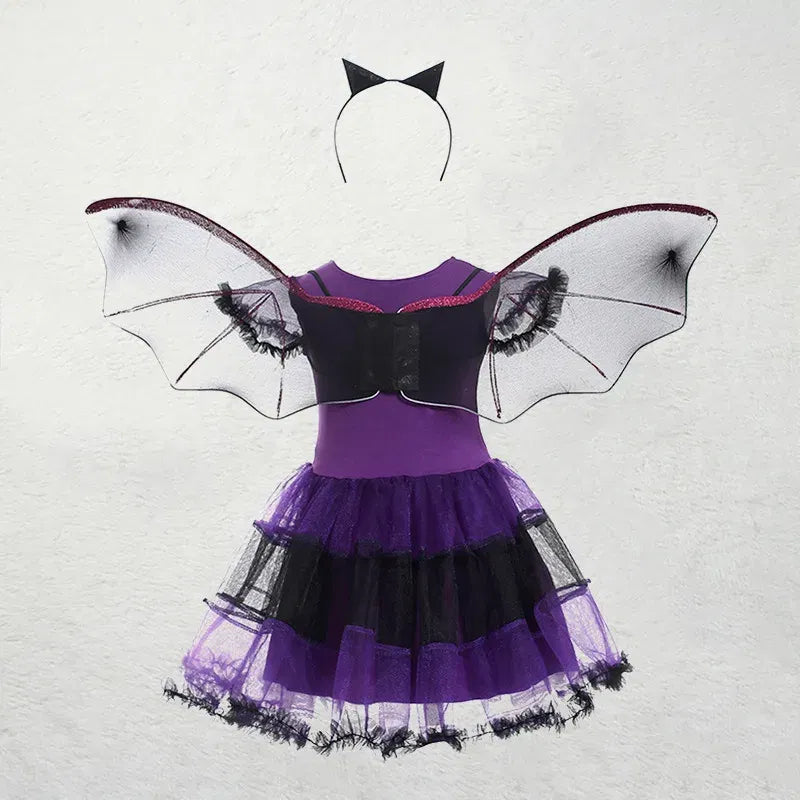 Kid Size: 14, Color: Khaki - Halloween Children Purple Vampire Costume Girls Dress Kids Clothes Baby Bat Spider Party Cosplay Headband +Wing Outfit